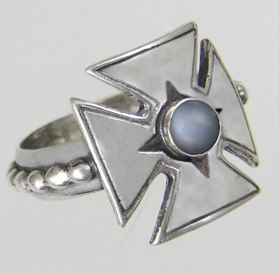 Sterling Silver Woman's Iron Cross Ring With Grey Moonstone Size 9